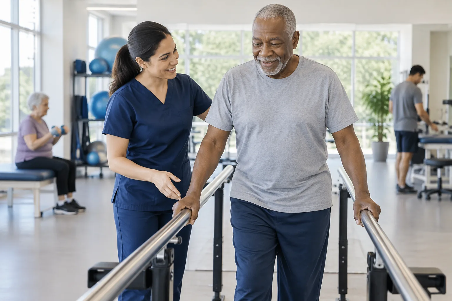 Older adult practicing balance with support from a physical therapist