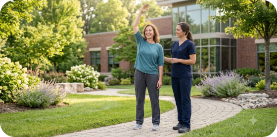 Patient performing guided shoulder strengthening and mobility exercises