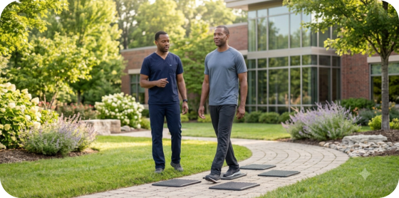 Therapist guiding lower-body alignment and gait training exercises