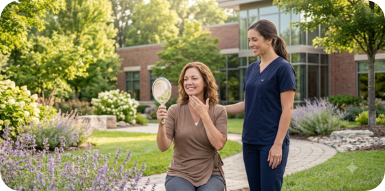 Patient practicing facial movement control with mirror feedback