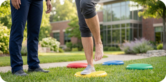 Patient practicing supported single-leg balance for PTTD