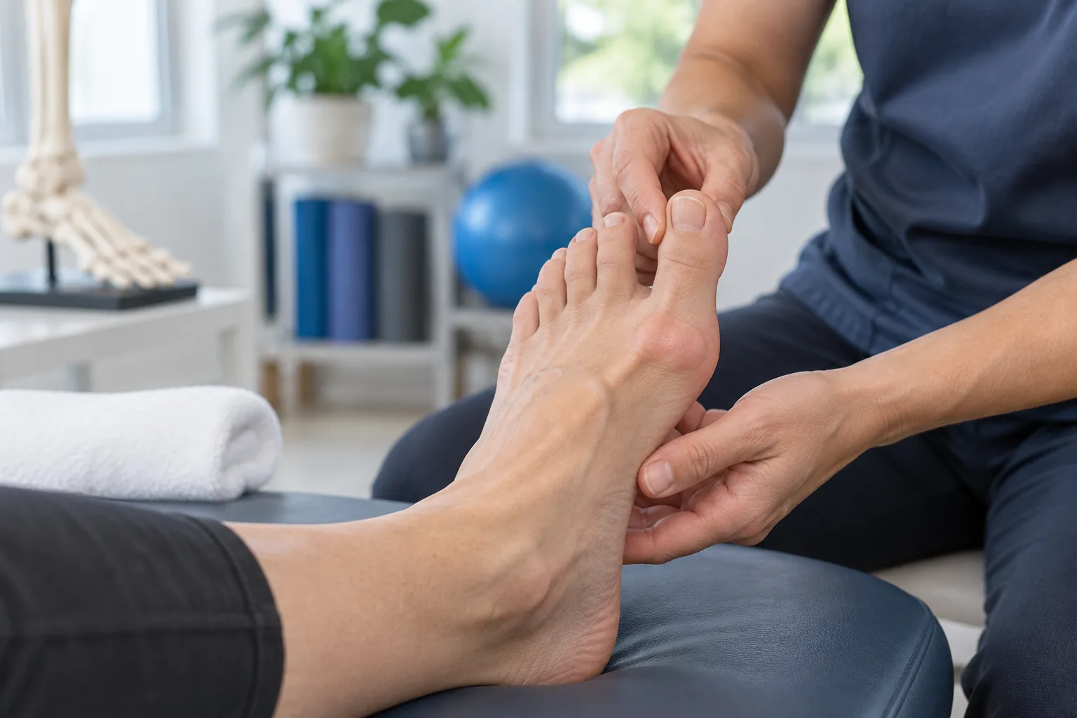 Physical therapist guiding big toe mobility for bunion care