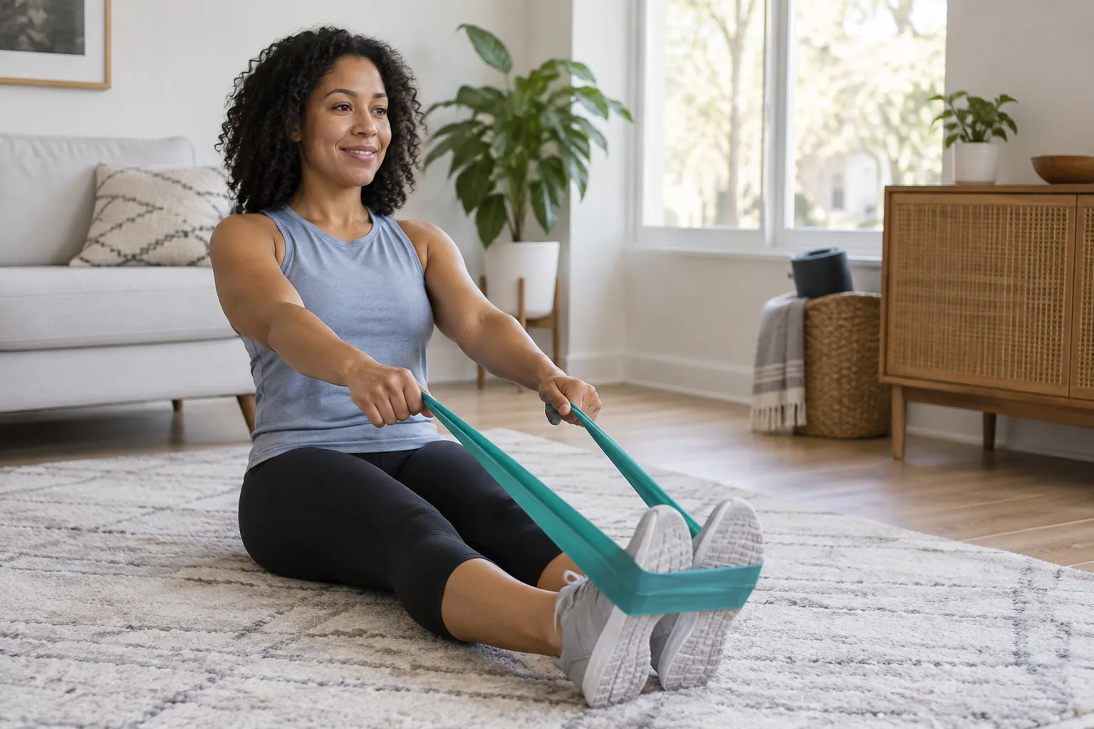 Adult performing a resistance-band home exercise