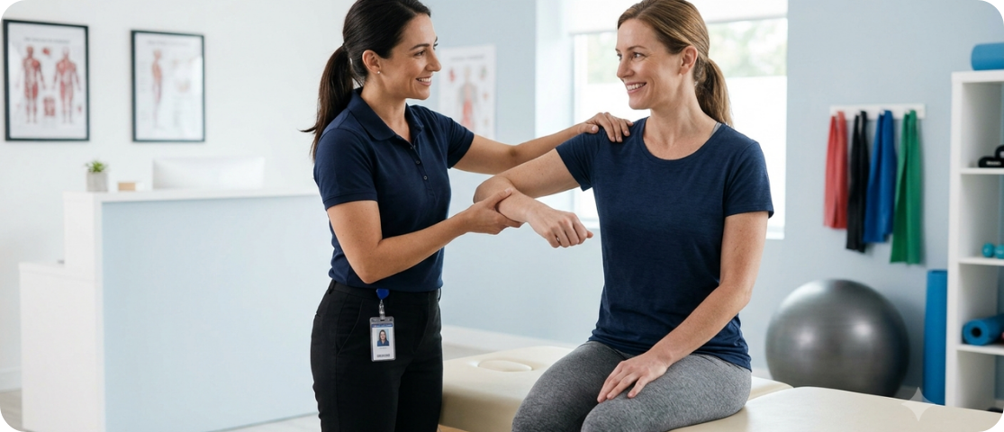 Physical therapist applying Muscle Energy Technique for shoulder mobility