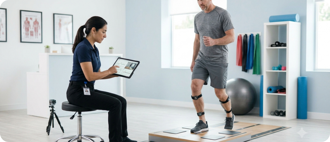 Physical therapist reviewing clinical research for evidence-based patient care