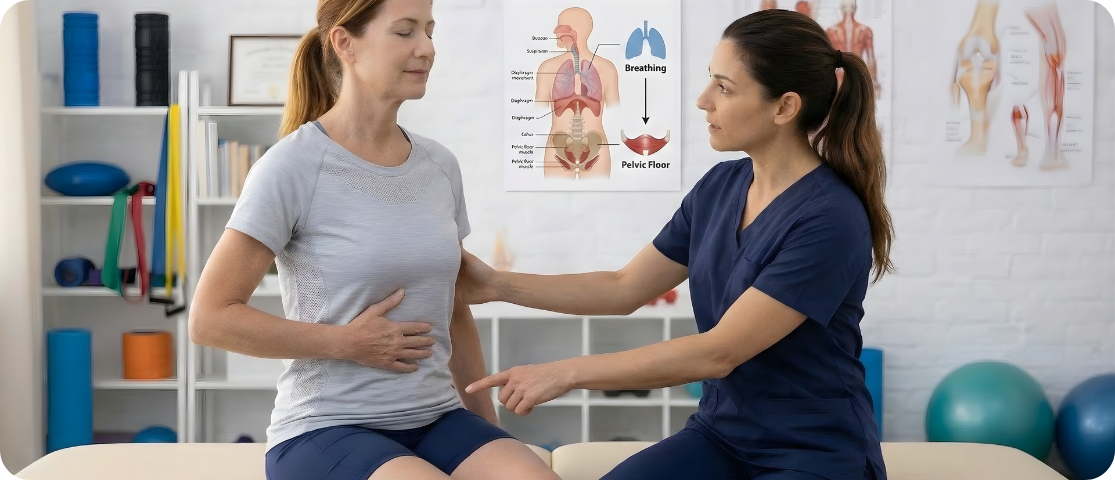 Pelvic floor rehabilitation breathing technique