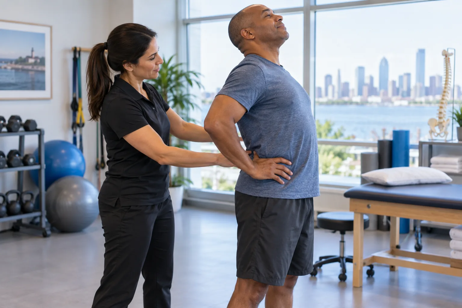 Physical therapist guiding a patient through a back movement exercise